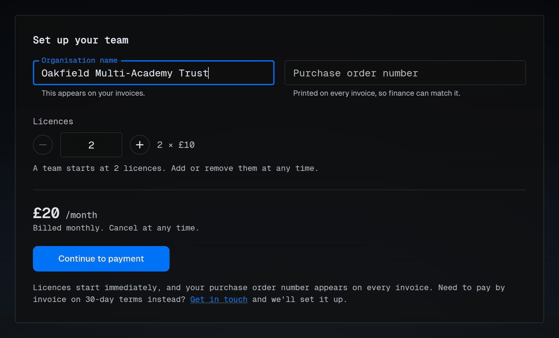 Set up your team form on the Teams page