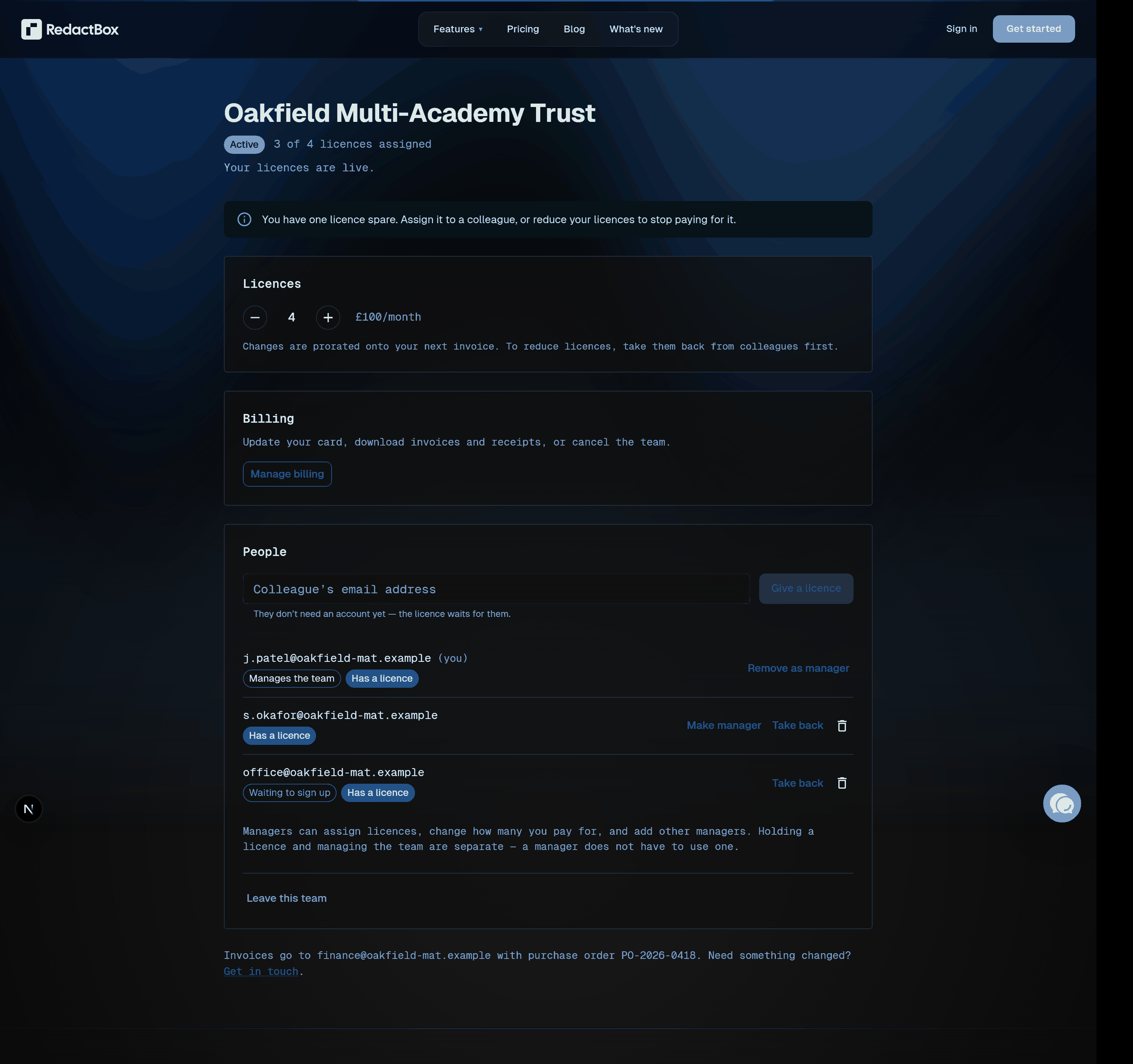 Your team page showing Licences, Billing and People