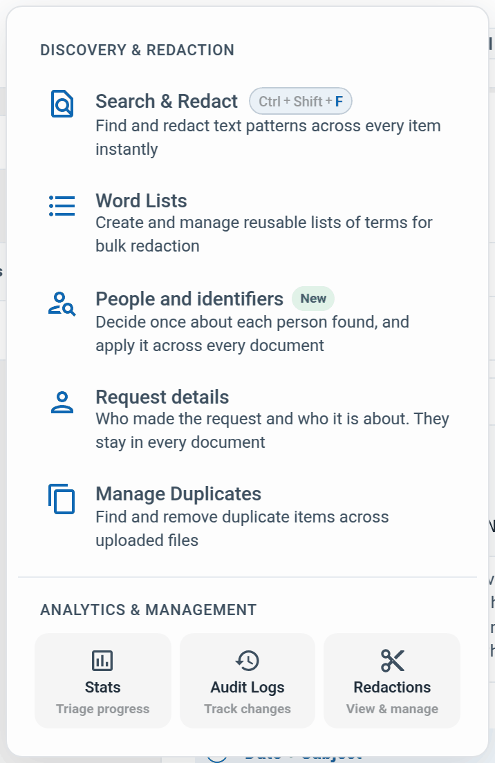 the Tools menu with Audit Logs in the Analytics and Management row