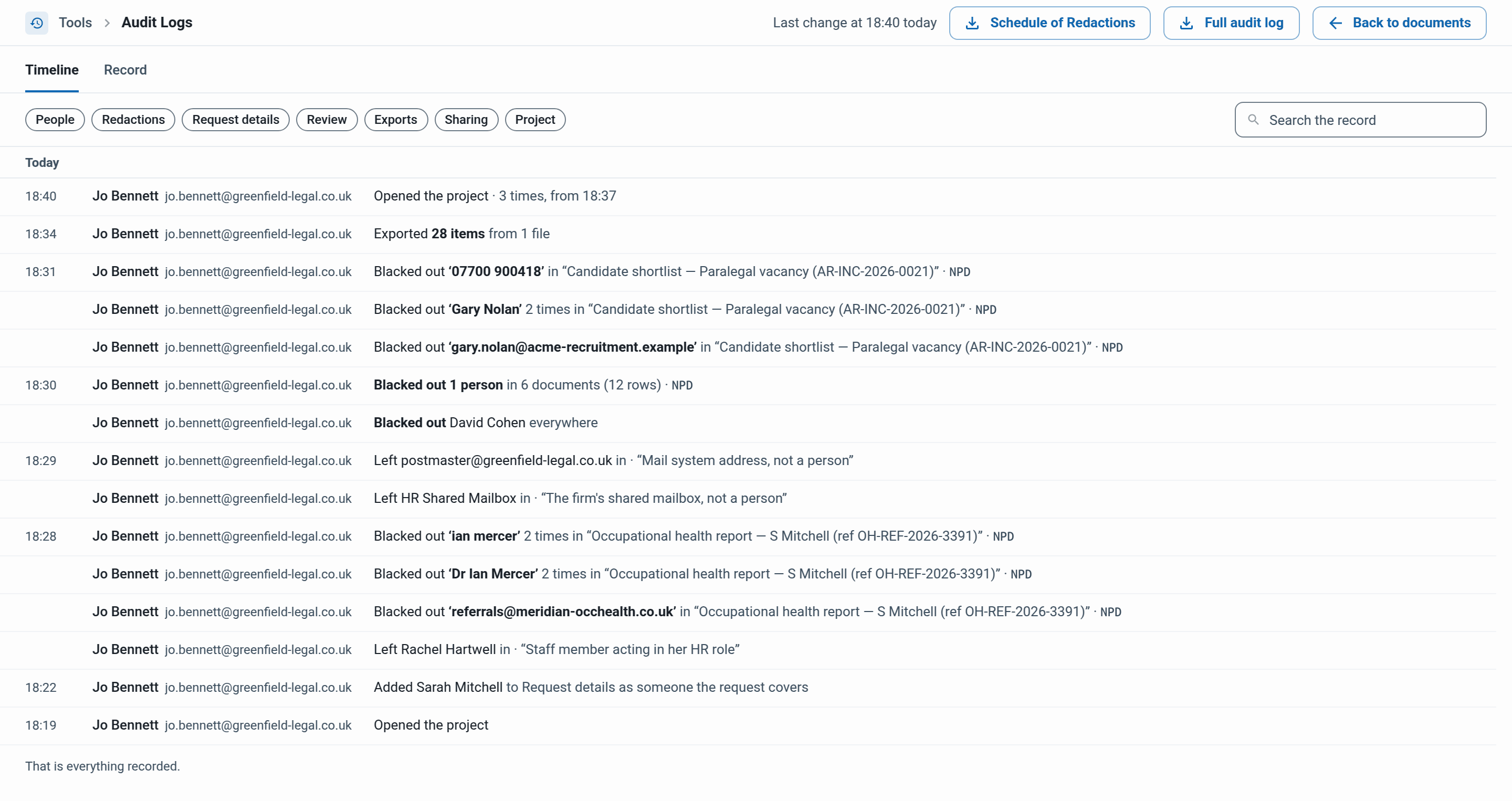 the Timeline tab with the kind buttons, the search box and a day of events