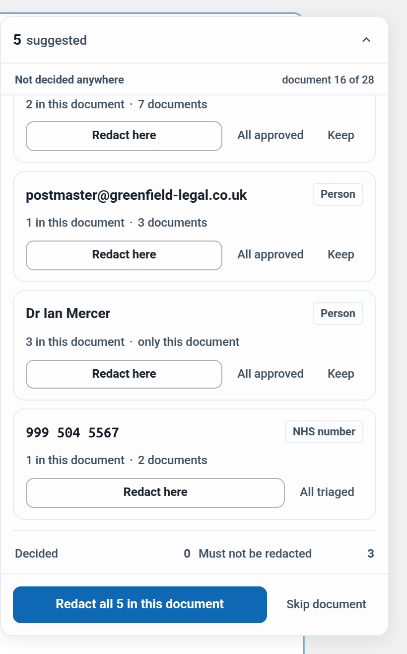 an NHS number card with All triaged, and the Decided and Must not be redacted line