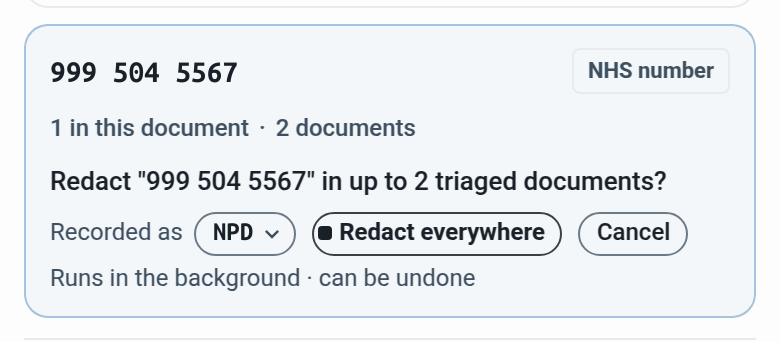 the confirm on a number card asking to redact it in up to 2 triaged documents