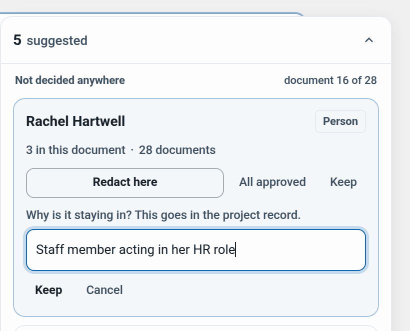 a person card with the Keep reason box filled in
