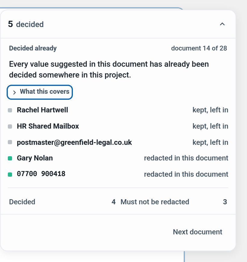 the panel listing decided values with kept, left in and redacted in this document